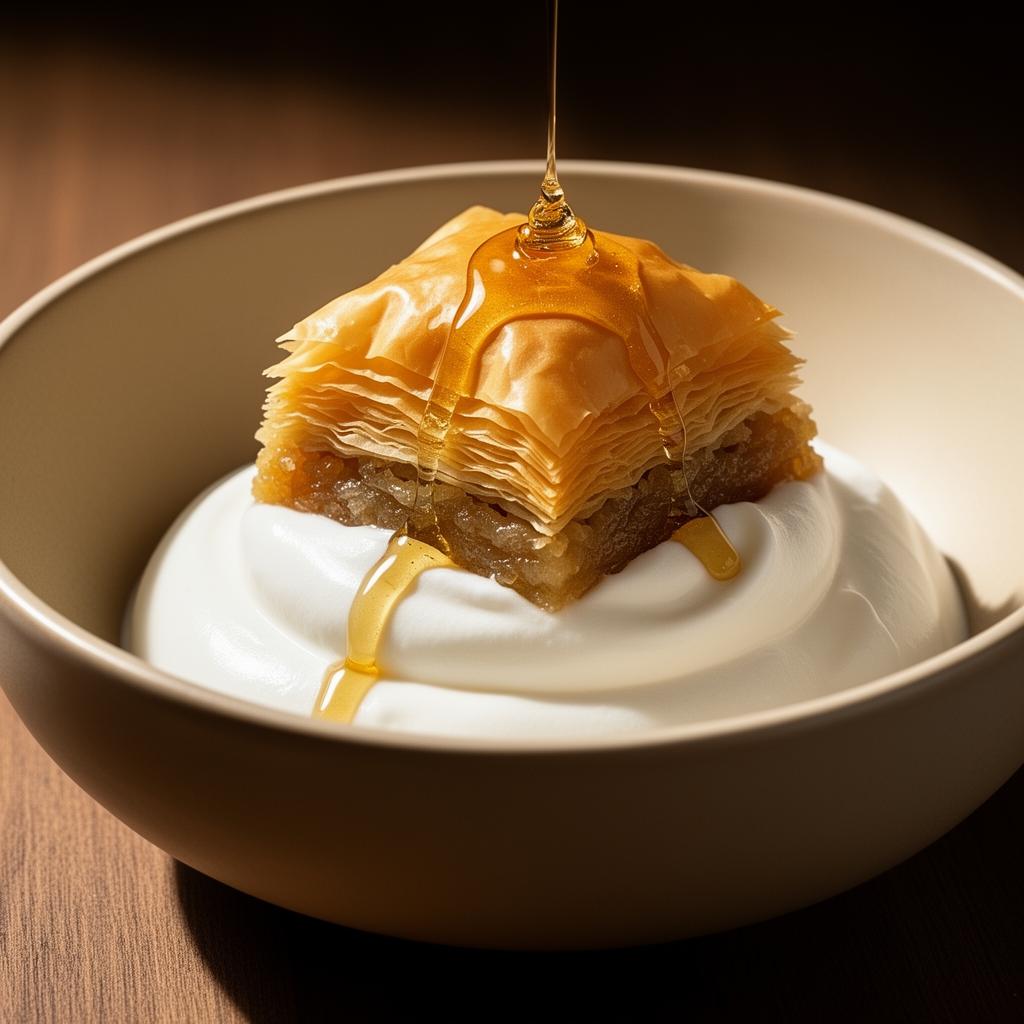 Baklava sobre frozen yogurt griego en GREEKOS