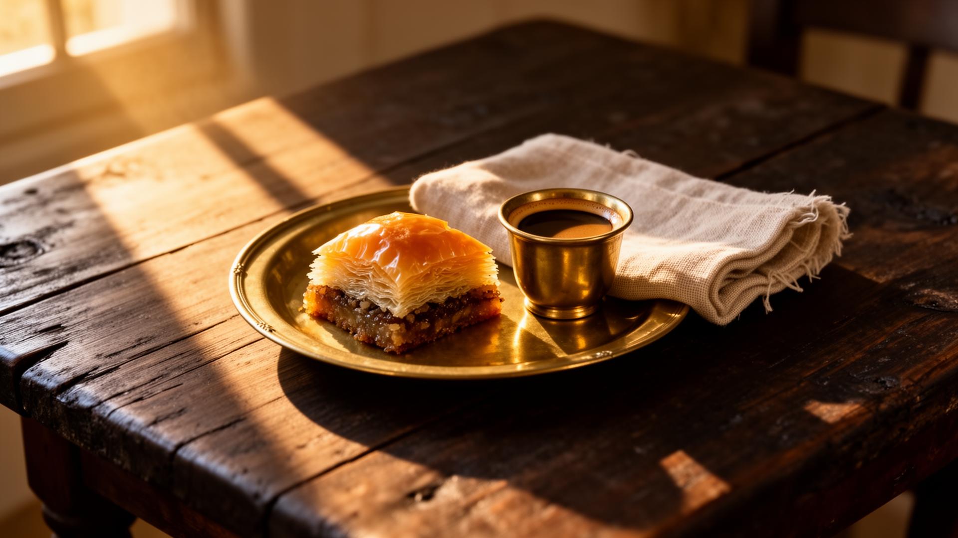 Bandeja de bronce con baklava y espresso bajo luz de tarde