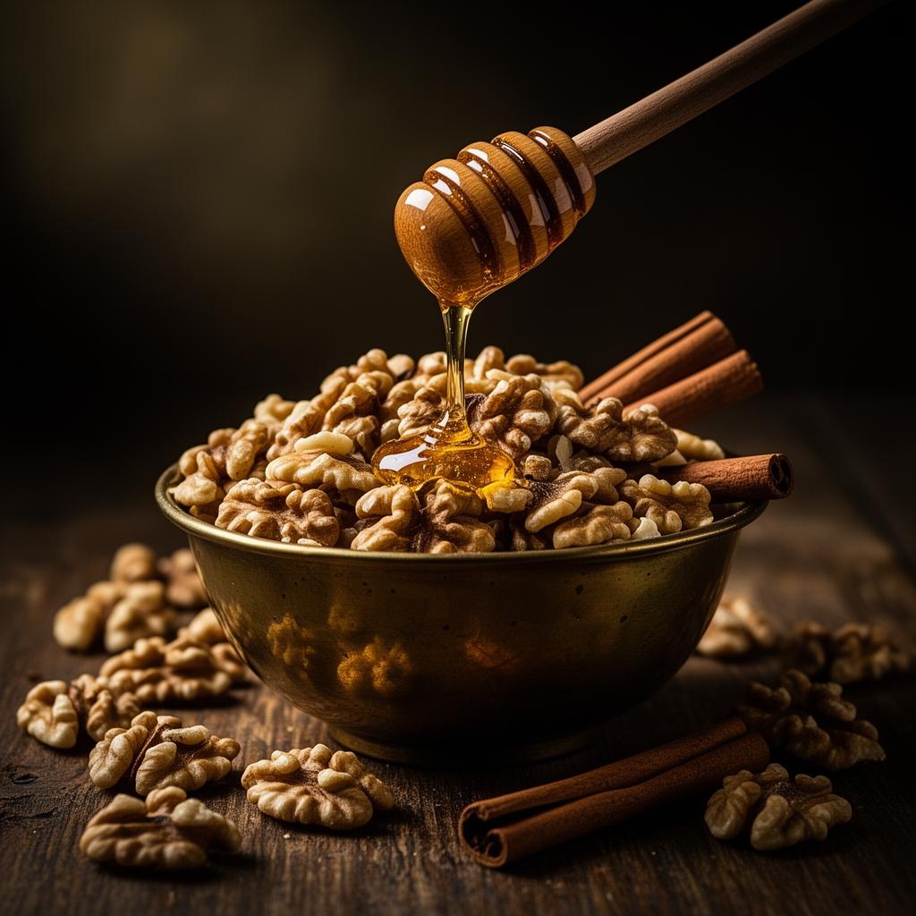 Nueces, canela y miel en cuenco de bronce